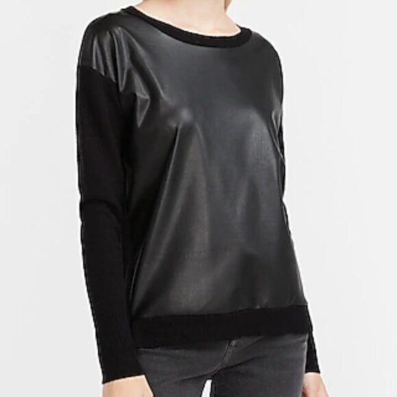 Pitch Black Faux Leather Pieced High Slit Crew Neckline Sweater - Picture 1 of 5
